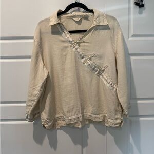 J.Jill Mandarin Inspired 100% Linen Top 3/4 Sleeve Cream Blouse Size Large